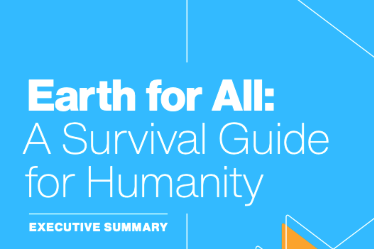 Earth for All: A Survival Guide for Humanity - Executive Summary cover with a bright blue background and white text.